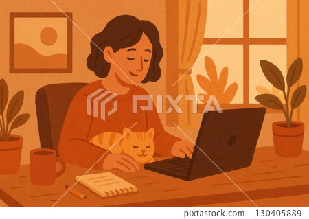 Woman working on laptop with cat resting on desk in cozy home office with plants and natural light. 130405889