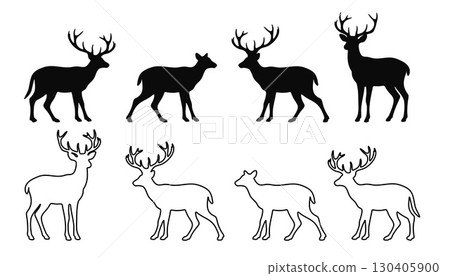 Collection of wild deer silhouette and outline elements. Vector illustration. Collection of wild deer silhouette and outline elements. Vector illustration. 130405900