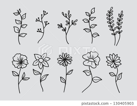 Hand-drawn flower and leaf line art collection. Vector illustration. Hand-drawn flower and leaf line art collection. Vector illustration. 130405903
