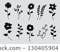 A creative vector set featuring a variety of flowers and leaves in solid black silhouette. 130405904