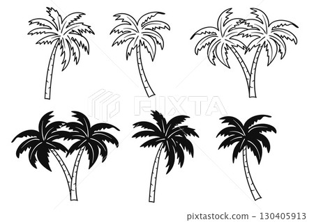 Palm tree silhouettes and line art collection. Vector illustration. 130405913
