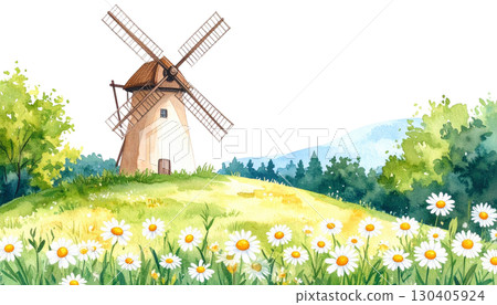 Old Dutch windmill in a green summer field under a blue sky, a classic rural landscape of traditional agriculture 130405924