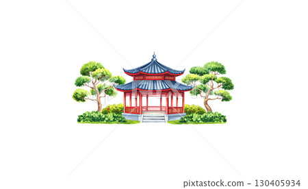 Traditional Chinese temple architecture isolated on white background. 130405934