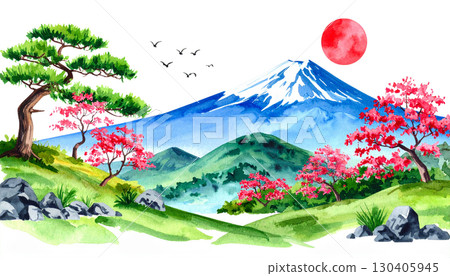 Ink illustration of winter landscape with snow capped mountains and cherry trees isolated on white background. Ink illustration of winter landscape with snow capped mountains and cherry trees isolated on white background. 130405945