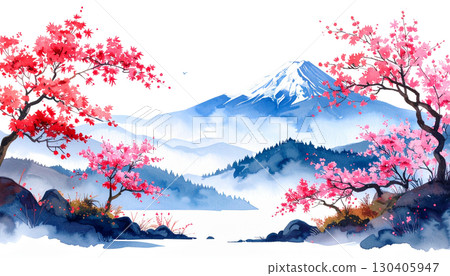 Ink illustration of winter landscape with snow capped mountains and cherry trees isolated on white background. 130405947