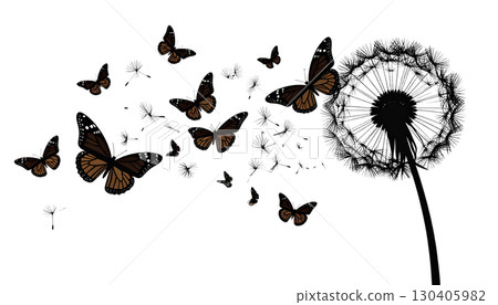 Illustration set of blooming dandelion butterflies on bright green grass field under summer sky with fluffy seeds, isolated on white background. 130405982