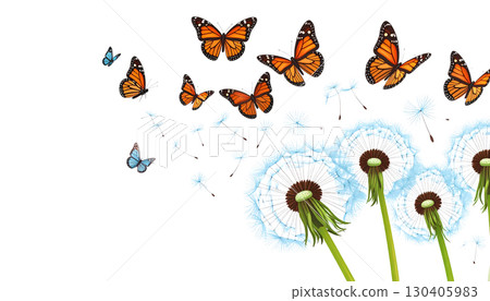 Illustration set of blooming dandelion butterflies on bright green grass field under summer sky with fluffy seeds, isolated on white background. 130405983