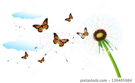 Illustration set of blooming dandelion butterflies on bright green grass field under summer sky with fluffy seeds, isolated on white background. 130405984