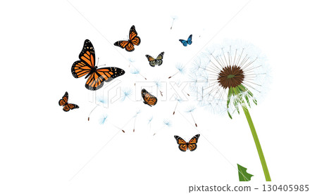 Illustration set of blooming dandelion butterflies on bright green grass field under summer sky with fluffy seeds, isolated on white background. 130405985