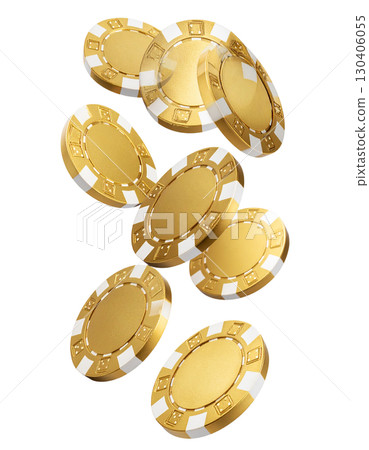 Colorful shiny casino poker chips and game buttons on white background. 130406055