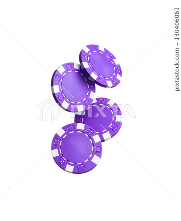 Colorful shiny casino poker chips and game buttons on white background. 130406061