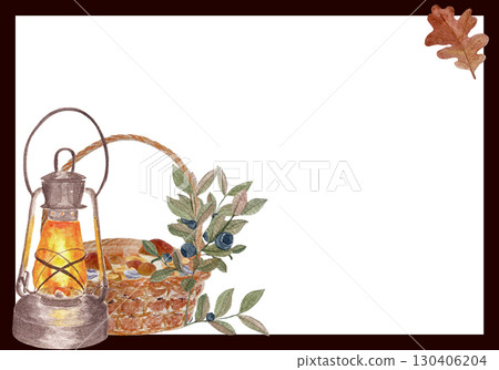 Vintage lantern, wicker basket, and blueberry branches, decorated with oak leaves. Watercolor frame. Rustic autumn template ideal for invitations, greeting cards, seasonal stationery, and cozy designs Vintage lantern, wicker basket, and blueberry branches, decorated with oak leaves. Watercolor frame. Rustic autumn template ideal for invitations, greeting cards, seasonal stationery, and cozy designs 130406204