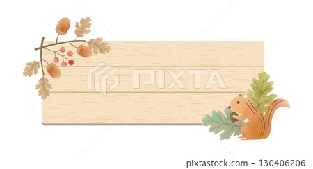 天然木板上的橡實和松鼠框架|可愛的秋季裝飾材料 天然木板上的橡實和松鼠框架|可愛的秋季裝飾材料 130406206