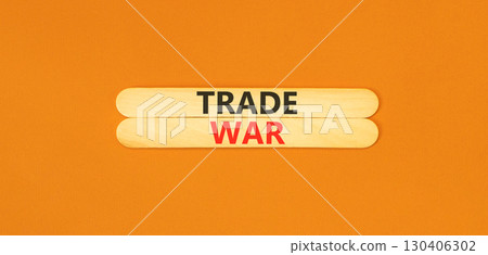 Trade war symbol. Concept word Trade war on beautiful wooden sticks. Beautiful orange paper background. Business trade war concept. Copy space. 130406302