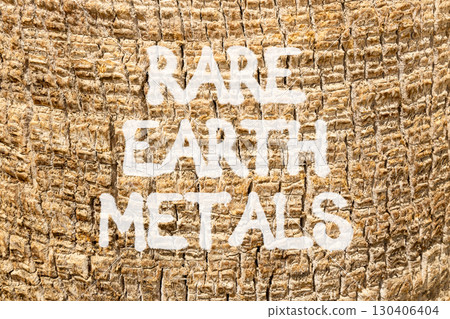 Rare earth metals symbol. Concept words Rare earth metals on beautiful palm bark. Beautiful palm bark background. Business and rare earth metals concept. Copy space. 130406404