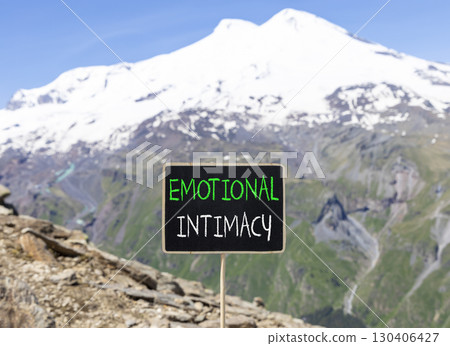 Emotional intimacy symbol. Concept words Emotional intimacy on beautiful black chalk blackboard. Beautiful mountain Elbrus blue sky background. Psychology emotional intimacy concept. Copy space. Emotional intimacy symbol. Concept words Emotional intimacy on beautiful black chalk blackboard. Beautiful mountain Elbrus blue sky background. Psychology emotional intimacy concept. Copy space. 130406427