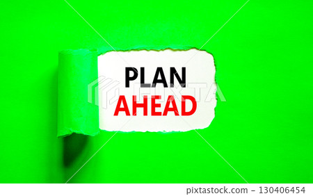 Plan ahead symbol. Concept word Plan ahead on beautiful white paper. Beautiful green paper background. Business plan ahead concept. Copy space. 130406454