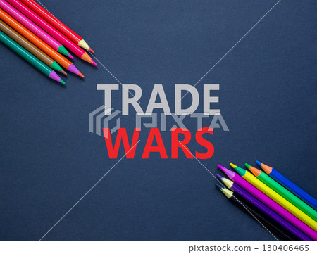 Trade wars symbol. Concept word Trade wars on beautiful black paper. Colored pencils. Beautiful black paper background. Business trade wars concept. Copy space. 130406465