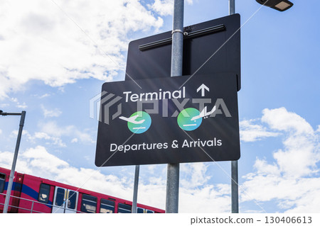 Airport Terminal Wayfinding Sign for Departures and Arrivals, Arrow and Plane Icons Airport Terminal Wayfinding Sign for Departures and Arrivals, Arrow and Plane Icons 130406613