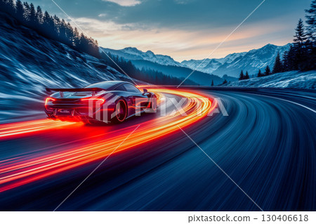 Speeding sports car on a winding mountain road at dusk. Bright red light trails show motion blur. Snowy peaks and green pine trees. 130406618