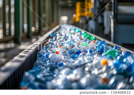 Clear blue plastic bottles moving on a long conveyor belt in a busy recycling facility. Waste sorting for environmental preservation and sustainability. 130406632