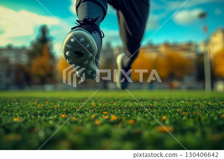 Close up of runner's foot with sports cleats on green artificial turf. Dynamic athletic action during outdoor autumn training. 130406642