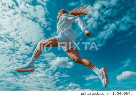 Dynamic athletic woman in white sportswear running mid air against bright blue sky with white clouds. This active lifestyle photo portrays health and freedom. Dynamic athletic woman in white sportswear running mid air against bright blue sky with white clouds. This active lifestyle photo portrays health and freedom. 130406643