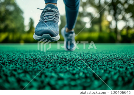 Blue athletic shoes stepping on a textured green running track outdoors. Close up view of movement during a healthy exercise routine. 130406645