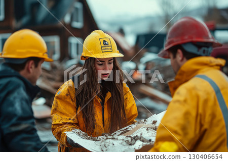 Team of workers in hard hats and yellow jackets examining muddy plans outdoors. They discuss recovery efforts at a challenging debris filled site. 130406654