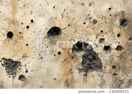 Old distressed concrete wall texture background. Rough cement surface with many cracks and deep holes. Weathered grunge pattern. 130406655