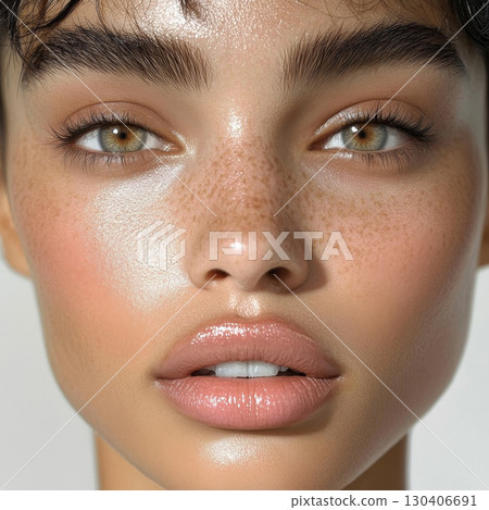 Radiant Beauty Portrait with Freckles and Glossy Lips 130406691