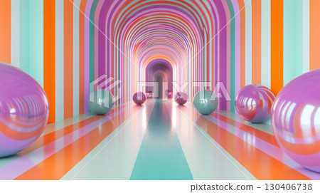 Futuristic Neon Tunnel with Reflective Metallic Spheres 130406738
