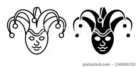 Line icon. Face mask of a circus clown jester wearing a cap headdress with hanging round bells. Simple black and white vector isolated on white background 130406783