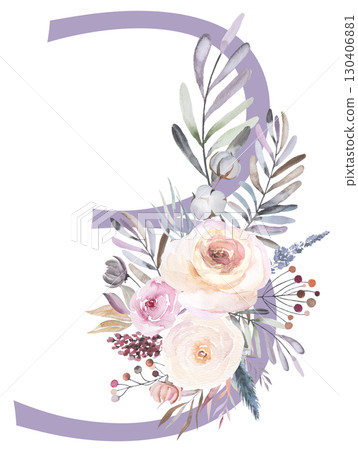 Number 3 with Watercolor pastel tender flowers and leaves, isolated illustration, Baby shower element Number 3 with Watercolor pastel tender flowers and leaves, isolated illustration, Baby shower element 130406881