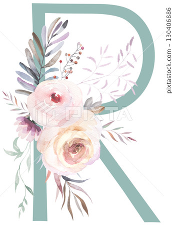 Letter R with Watercolor pastel tender flowers and leaves, isolated illustration, Baby shower element 130406886