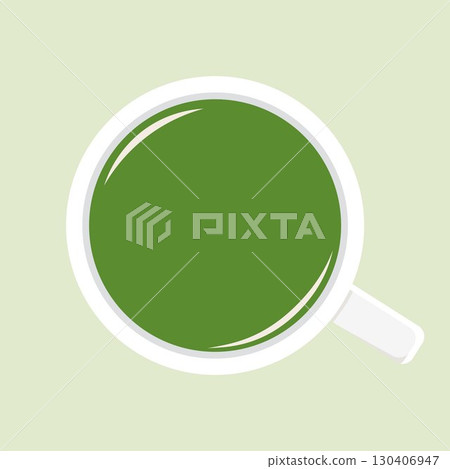 簡單的綠棕色圓形框架中茶杯的鳥瞰圖。向量 png 透明背景。 130406947