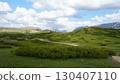 Dirt road winding through lush green meadow in mountain valley 130407110