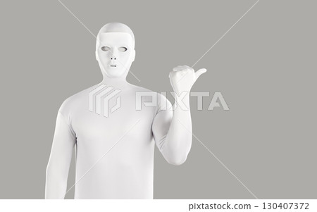 Portrait of faceless unrecognizable person in white costume pointing index finger to the side. 130407372