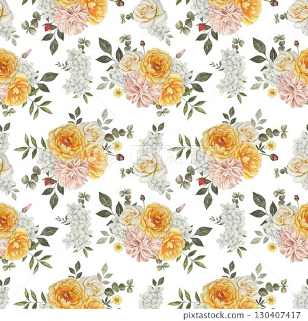 Floral seamless pattern with autumn flowers. Yellow, white roses, dahlia, leaves. Hand drawn watercolor illustration 130407417