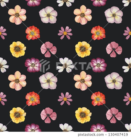 Floral seamless pattern with dried pressed flowers. Watercolor on dark background 130407419