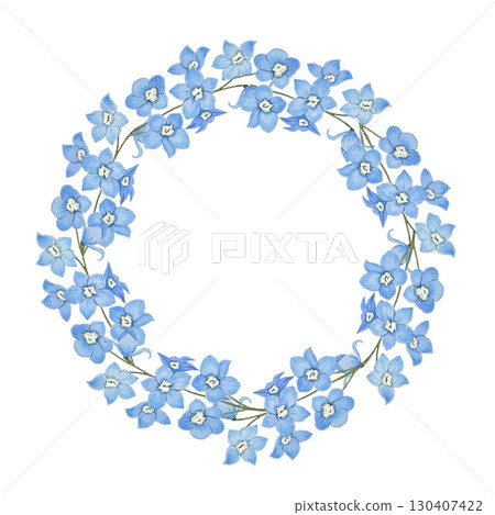 Wreath with blue flowers. Watercolor illustration 130407422