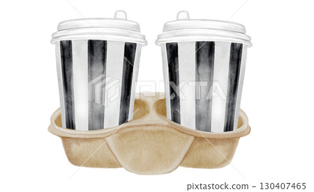 Coffee cups holder watercolor illustration. Hand drawn two glasses of hot cappuccino on a coaster. Food clip art. Ideal for bakery prints, postcards and pastry shop posters. Coffee cups holder watercolor illustration. Hand drawn two glasses of hot cappuccino on a coaster. Food clip art. Ideal for bakery prints, postcards and pastry shop posters. 130407465