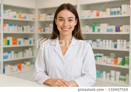 Pharmacist smiling at work in a modern pharmacy setting with organized shelves in the background 130407569