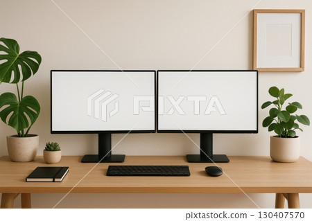 Modern workspace with dual monitors, keyboard, and potted plants designed for productivity and comfort 130407570