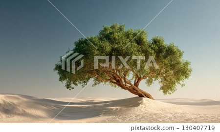 Solitary green tree in the vast desert under a clear blue sky 130407719