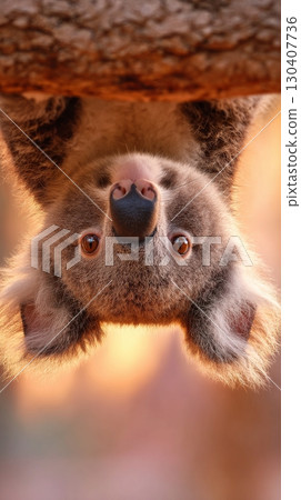 Adorable koala upside down with warm sunset lighting, cute animal portrait 130407736