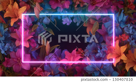 Neon frame surrounded by vibrant tropical flowers with dark background 130407810