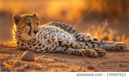 Cheetah resting on sunlit savannah with golden hues, wildlife serenity at dusk 130407812