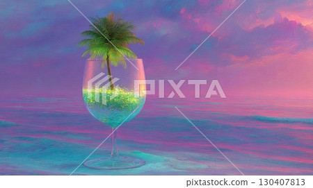 Tropical island in wine glass with vivid sunset sky, surreal art concept 130407813