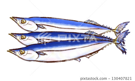 三條秋刀魚排成一列的插圖（墨水筆水彩風格） 130407821